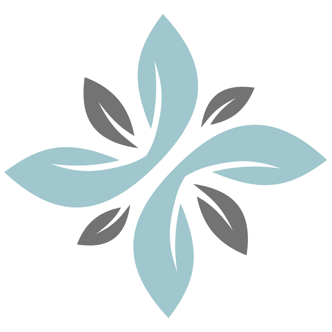 Abstract floral logo with blue petals and gray leaves on a black background.